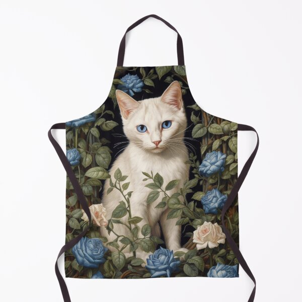 Item preview, white cat in blue roses with blue eyes cat art designed and sold by WallyPink.