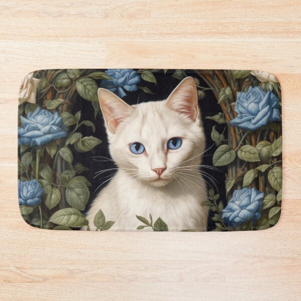 Item preview, white cat in blue roses with blue eyes cat art designed and sold by WallyPink.