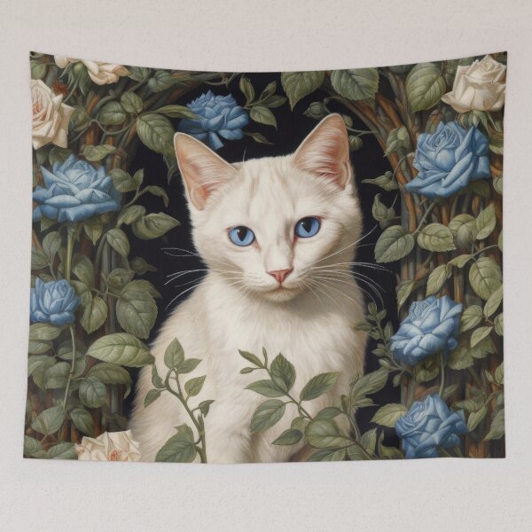 Item preview, white cat in blue roses with blue eyes cat art designed and sold by WallyPink.
