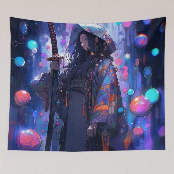 Item preview, Neon Cyberpunk Katana Samurai Warrior Anime Girl designed and sold by bubblegoth.