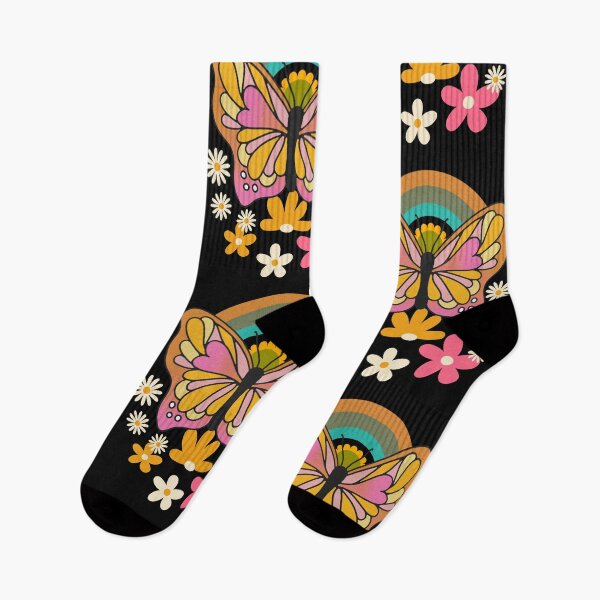 Aperçu de l'œuvre Papillon de style des années 70 avec un design coloré de fleurs créée et vendue par EarthArtDesigns.