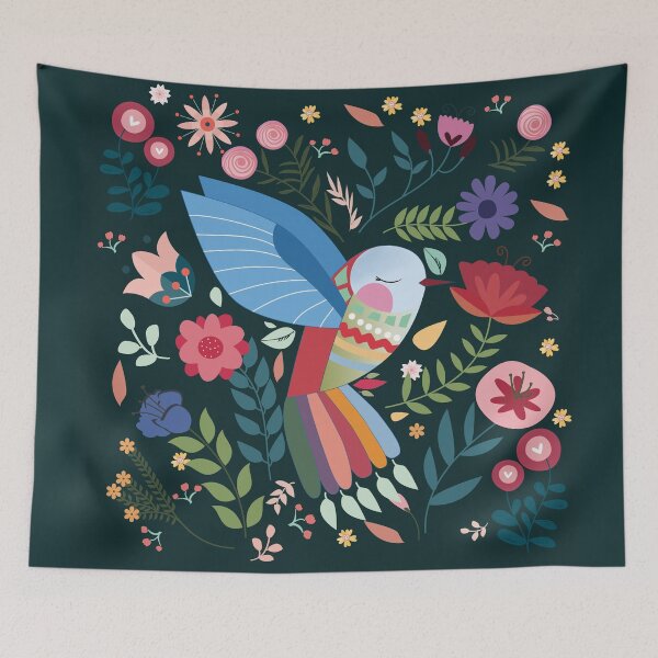 Item preview, Folk Art Inspired Hummingbird With A Flurry Of Flowers designed and sold by BunnyThePainter.