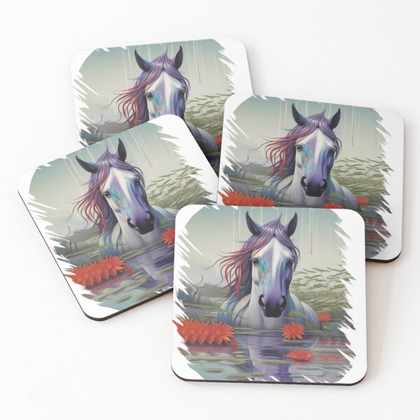 Item preview, A horse in a calm pond full of fish adorned with two striking red lilies, "Pferdeliebe" designed and sold by Mahilis.