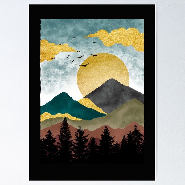 Item preview, Golden sunset at pine tree forest, mountain, outdoor illustration designed and sold by drawlinershop.