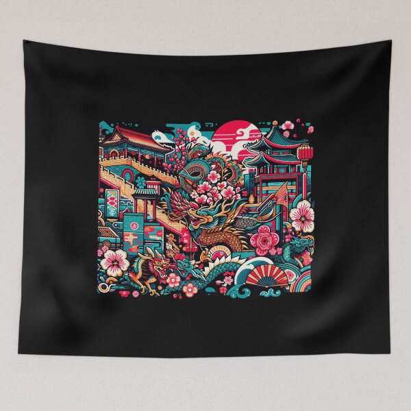 Item preview, Mythic Elegance: Dragon and Floral Splendor in a Traditional Asian Setting designed and sold by ChromaticBlend.
