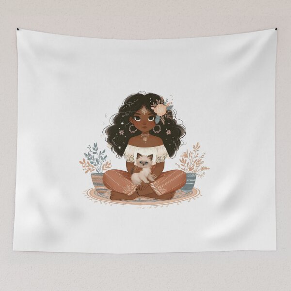 Item preview, Boho Girl and Cat Cottagecore Plants and Cute Kitten designed and sold by ShoniwDesigns.
