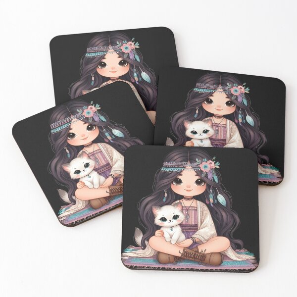 Item preview, Boho Girl and Cat Cottagecore Plants and Cute Kitten Purple Teal designed and sold by ShoniwDesigns.