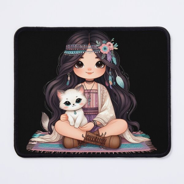 Item preview, Boho Girl and Cat Cottagecore Plants and Cute Kitten Purple Teal designed and sold by ShoniwDesigns.