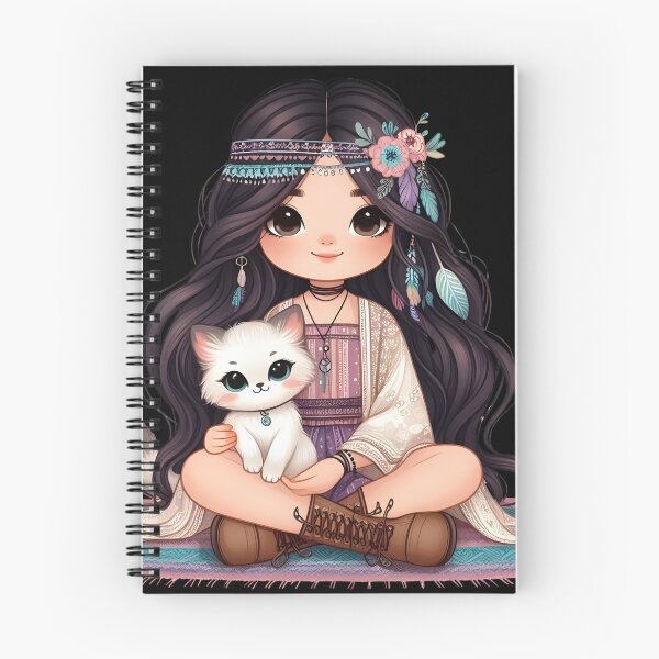 Item preview, Boho Girl and Cat Cottagecore Plants and Cute Kitten Purple Teal designed and sold by ShoniwDesigns.