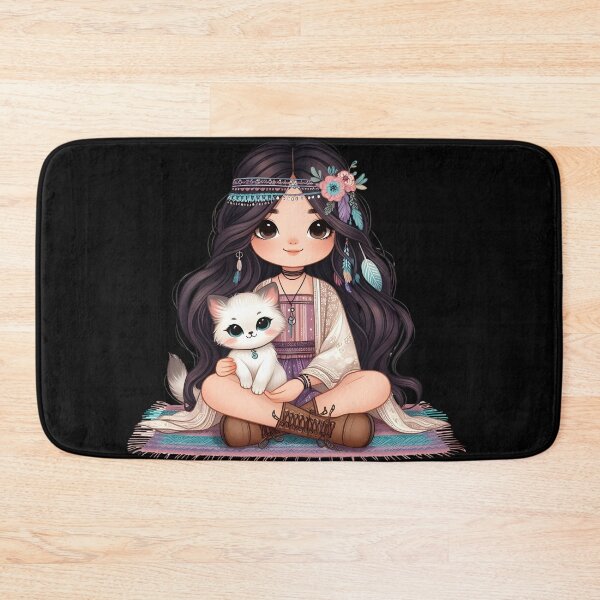 Item preview, Boho Girl and Cat Cottagecore Plants and Cute Kitten Purple Teal designed and sold by ShoniwDesigns.