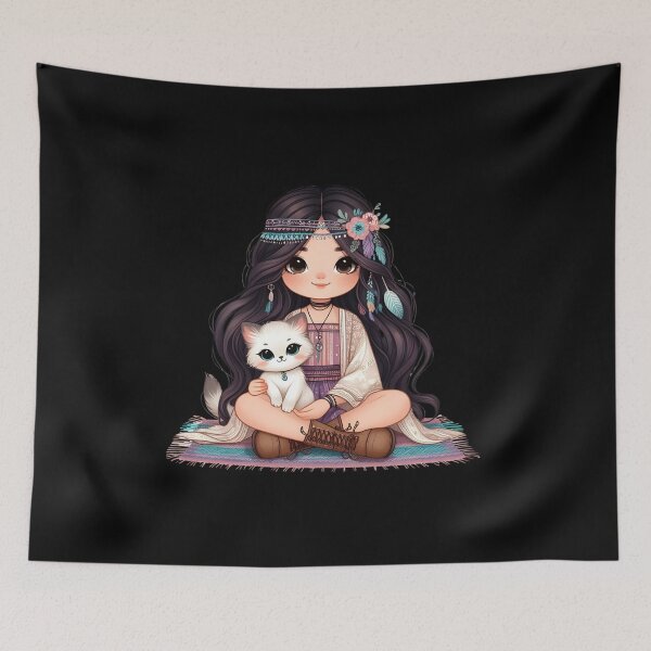 Item preview, Boho Girl and Cat Cottagecore Plants and Cute Kitten Purple Teal designed and sold by ShoniwDesigns.