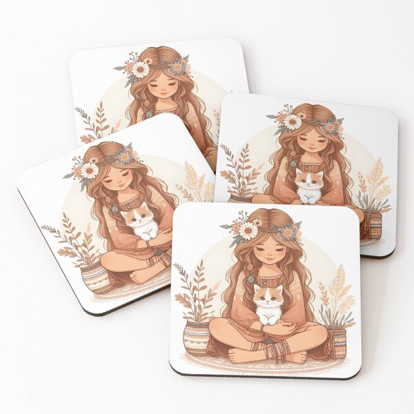 Item preview, Boho Girl and Cat Cottagecore Plants and Cute Kitten designed and sold by ShoniwDesigns.