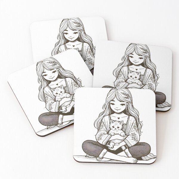 Item preview, Boho Girl and Cat Cottagecore Plants and Cute Kitten Line Art designed and sold by ShoniwDesigns.