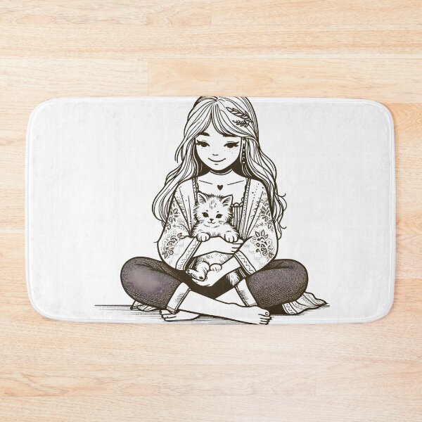 Item preview, Boho Girl and Cat Cottagecore Plants and Cute Kitten Line Art designed and sold by ShoniwDesigns.