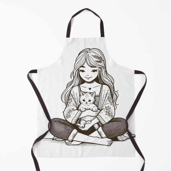 Item preview, Boho Girl and Cat Cottagecore Plants and Cute Kitten Line Art designed and sold by ShoniwDesigns.