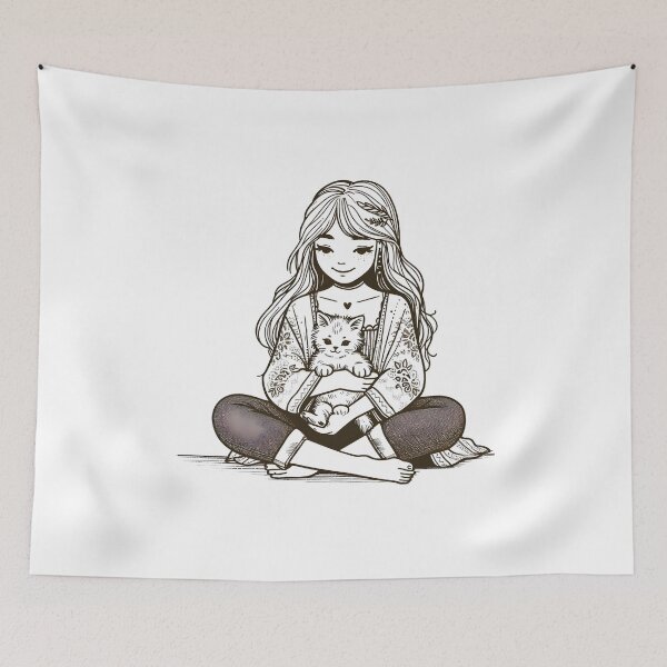 Item preview, Boho Girl and Cat Cottagecore Plants and Cute Kitten Line Art designed and sold by ShoniwDesigns.