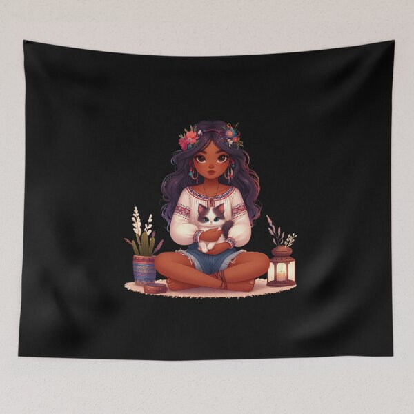 Item preview, Boho Girl and Cat Cottagecore Plants and Cute Kitten Cat Mama Cat Lover designed and sold by ShoniwDesigns.