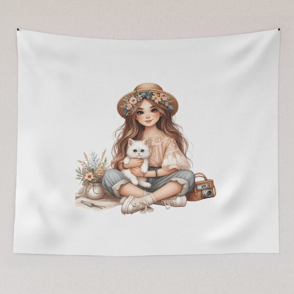 Item preview, Boho Girl and Cat Cottagecore Plants and Cute Kitten Cat Mama Cat Lover designed and sold by ShoniwDesigns.