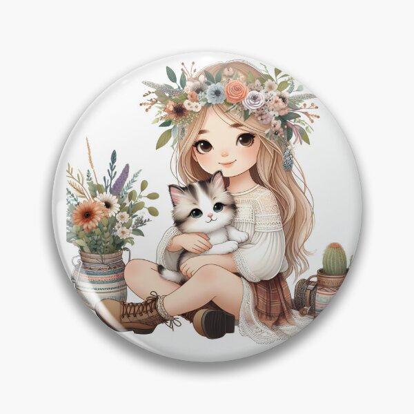 Item preview, Boho Girl and Cat Cottagecore Plants and Cute Kitten Cat Mama Cat Lover designed and sold by ShoniwDesigns.