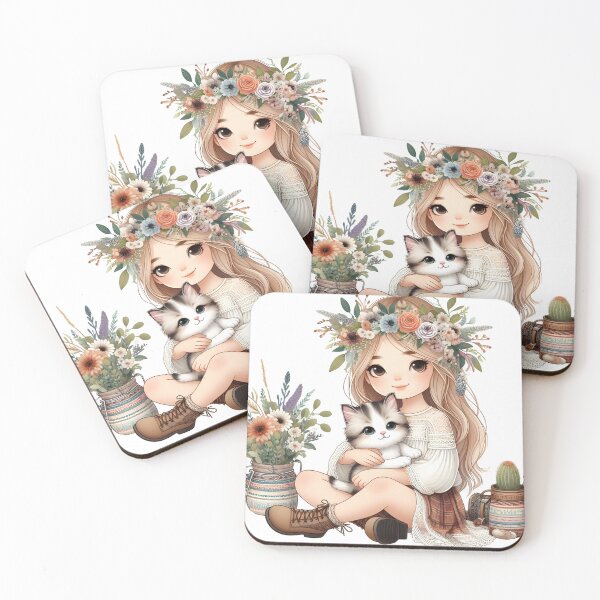 Item preview, Boho Girl and Cat Cottagecore Plants and Cute Kitten Cat Mama Cat Lover designed and sold by ShoniwDesigns.