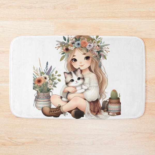 Item preview, Boho Girl and Cat Cottagecore Plants and Cute Kitten Cat Mama Cat Lover designed and sold by ShoniwDesigns.
