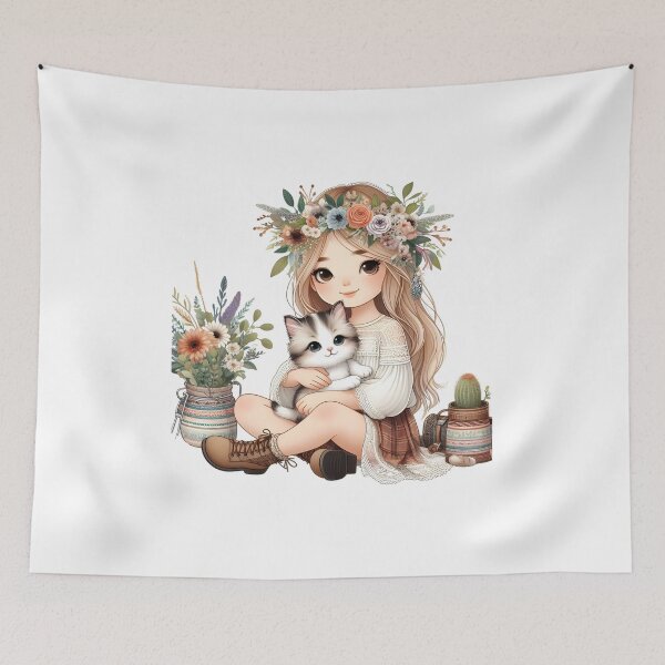 Item preview, Boho Girl and Cat Cottagecore Plants and Cute Kitten Cat Mama Cat Lover designed and sold by ShoniwDesigns.