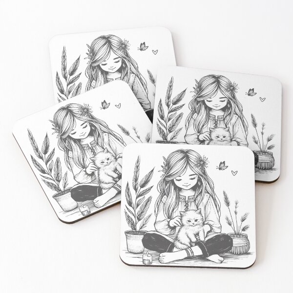 Item preview, Boho Girl and Cat Cottagecore Plants and Cute Kitten Cat Mama Cat Lover designed and sold by ShoniwDesigns.