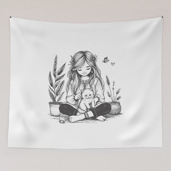 Item preview, Boho Girl and Cat Cottagecore Plants and Cute Kitten Cat Mama Cat Lover designed and sold by ShoniwDesigns.