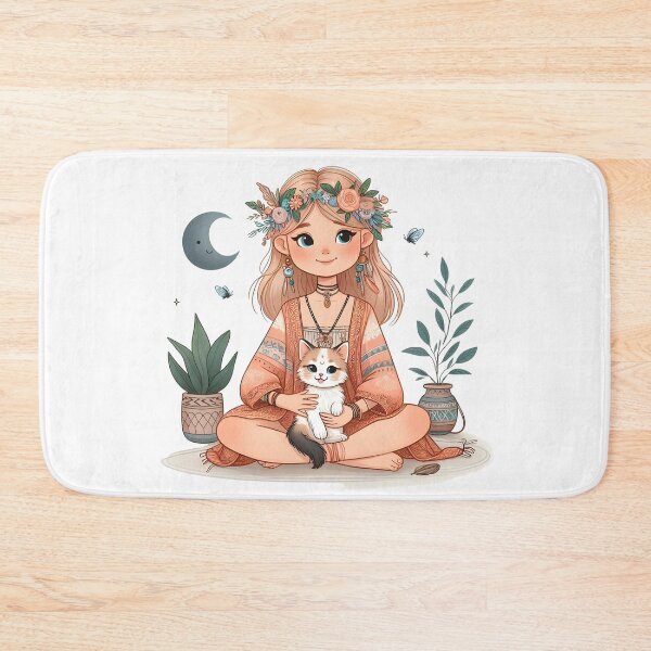 Item preview, Boho Girl and Cat Cottagecore Plants and Cute Kitten Cat Mama Cat Lover designed and sold by ShoniwDesigns.