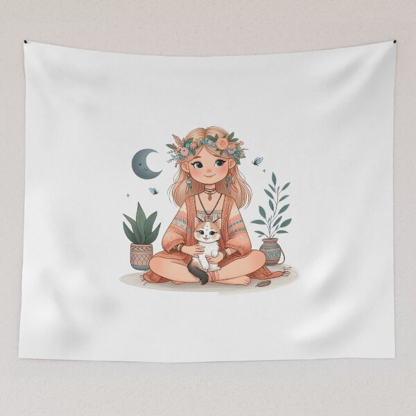 Item preview, Boho Girl and Cat Cottagecore Plants and Cute Kitten Cat Mama Cat Lover designed and sold by ShoniwDesigns.