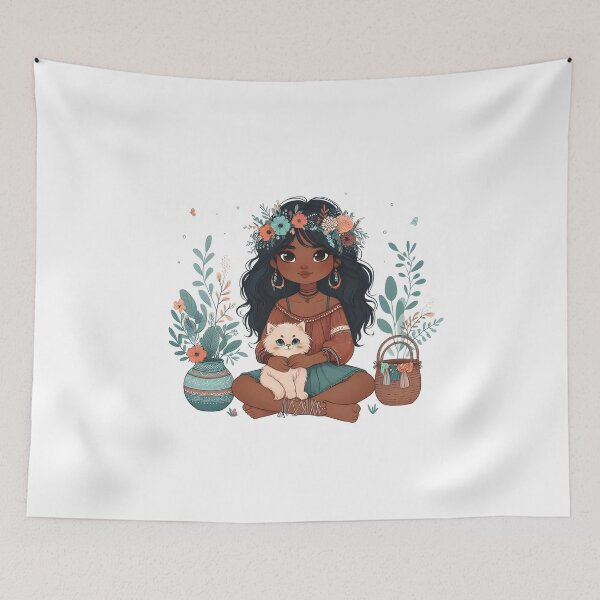 Item preview, Boho Girl and Cat Cottagecore Plants and Cute Kitten Cat Mama Cat Lover designed and sold by ShoniwDesigns.