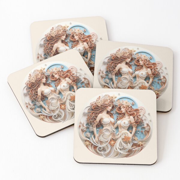 Artikelvorschau, Zwillinge-Zwillinge – Beige und Blau – Quilled-Papierkunstwerk entworfen und verkauft von Food Lover Art.