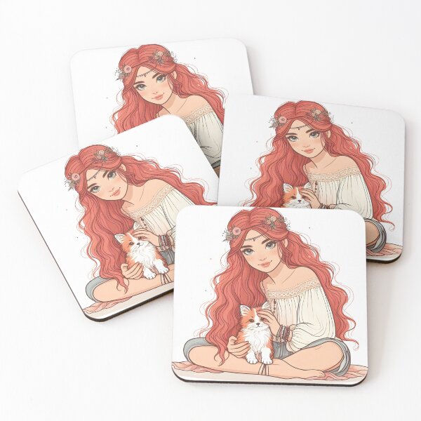 Item preview, Boho Girl and Cat Cottagecore Plants and Cute Kitten Cat Mama Cat Lover Redhead Red Hair Ginger designed and sold by ShoniwDesigns.