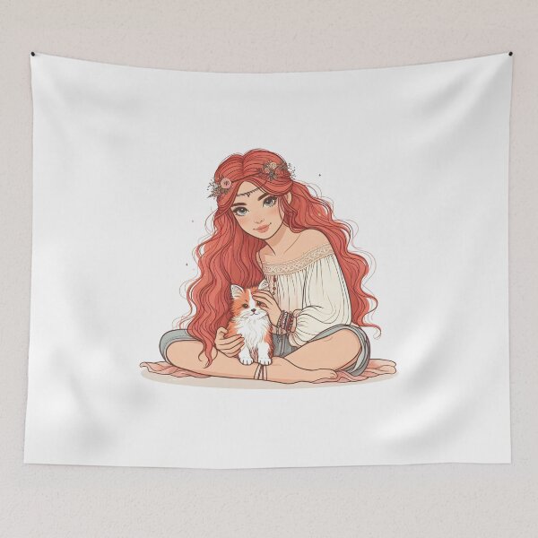 Item preview, Boho Girl and Cat Cottagecore Plants and Cute Kitten Cat Mama Cat Lover Redhead Red Hair Ginger designed and sold by ShoniwDesigns.
