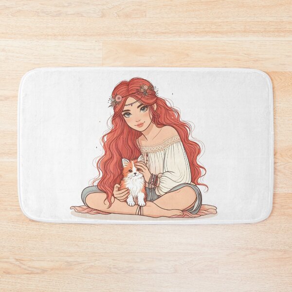 Item preview, Boho Girl and Cat Cottagecore Plants and Cute Kitten Cat Mama Cat Lover Redhead Red Hair Ginger designed and sold by ShoniwDesigns.