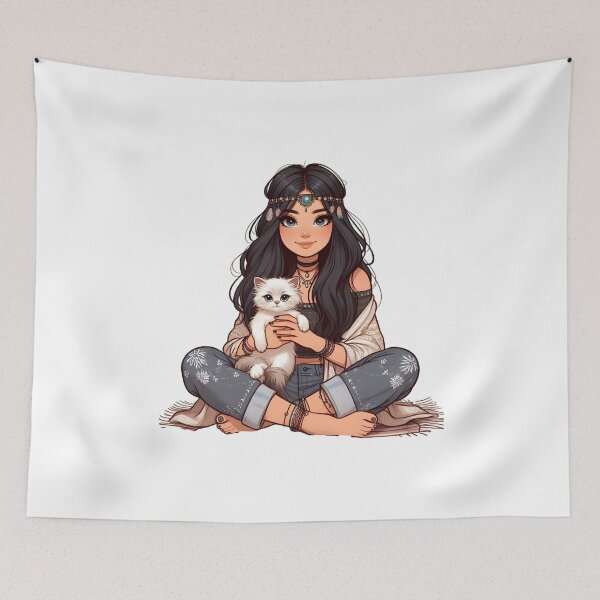 Item preview, Boho Girl and Cat Cottagecore Plants and Cute Kitten Cat Mama Cat Lover  designed and sold by ShoniwDesigns.