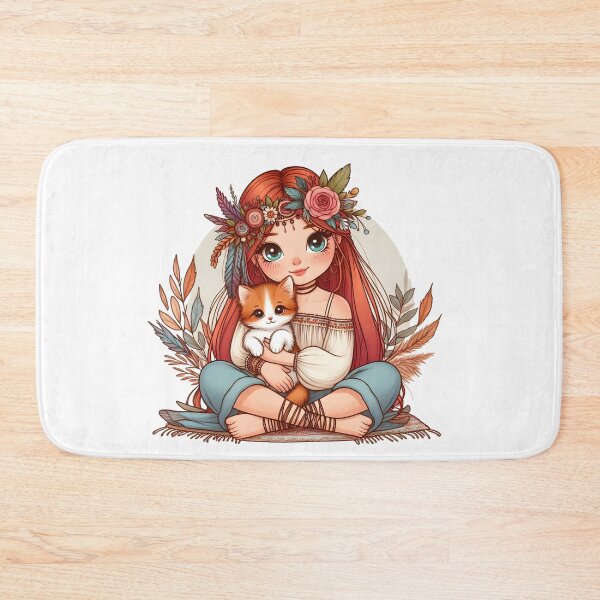 Item preview, Boho Girl and Cat Cottagecore Plants and Cute Kitten Cat Mama Cat Lover Red Hair Redhead Ginger designed and sold by ShoniwDesigns.