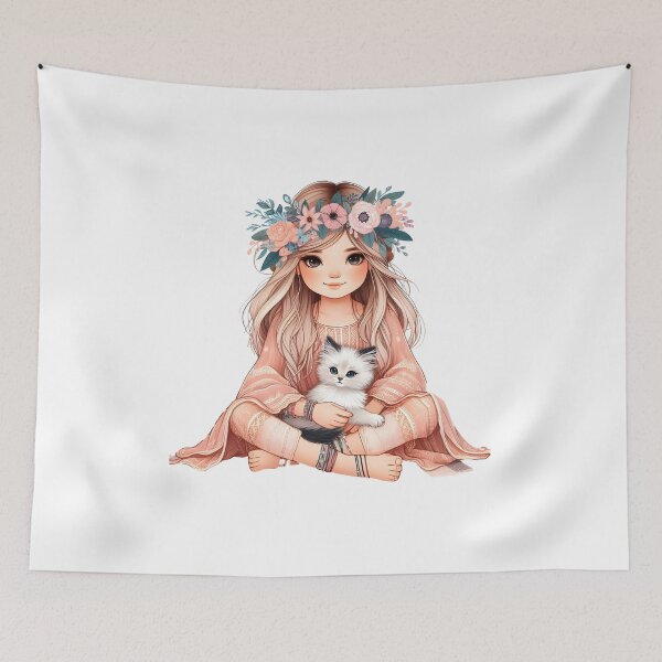 Item preview, Boho Girl and Cat Cottagecore Plants and Cute Kitten Cat Mama Cat Lover Floral designed and sold by ShoniwDesigns.