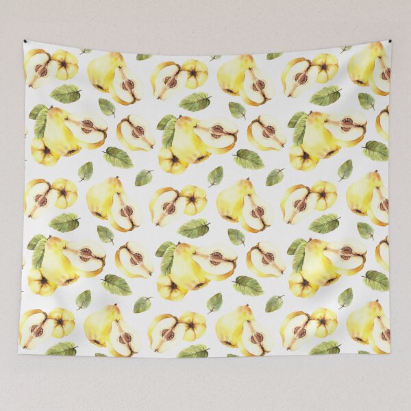 Item preview, Watercolor hand drawn illustration.Yellow ripe quince whole and cut fruit with leaves. seamless pattern designed and sold by BartolArt.