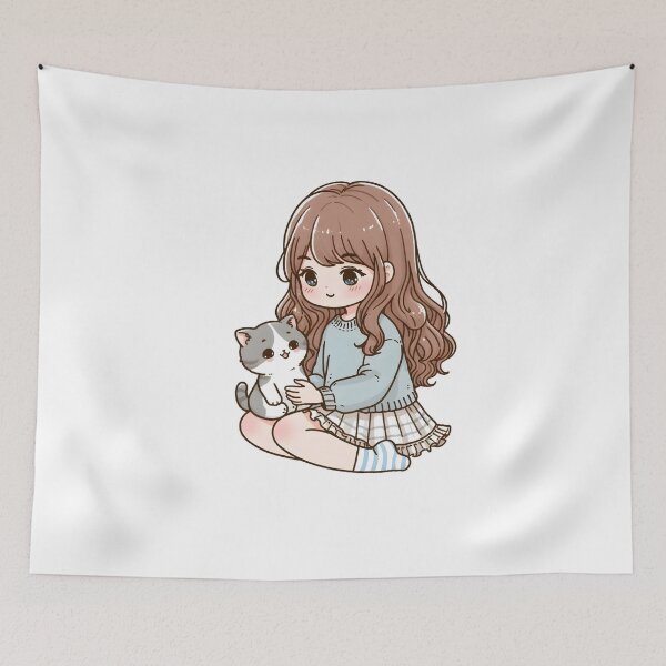 Item preview, Cute Girl and Cat Cottagecore Anime Cute Kitten Cat Mama Cat Lover Floral designed and sold by ShoniwDesigns.