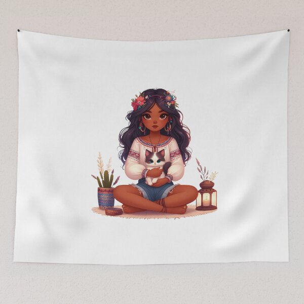 Item preview, Boho Girl and Cat Cottagecore Plants and Cute Kitten Cat Mama Cat Lover Floral designed and sold by ShoniwDesigns.
