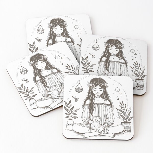 Item preview, Boho Girl and Cat Cottagecore Plants and Cute Kitten Cat Mama Cat Lover Floral designed and sold by ShoniwDesigns.