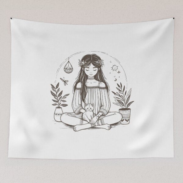 Item preview, Boho Girl and Cat Cottagecore Plants and Cute Kitten Cat Mama Cat Lover Floral designed and sold by ShoniwDesigns.