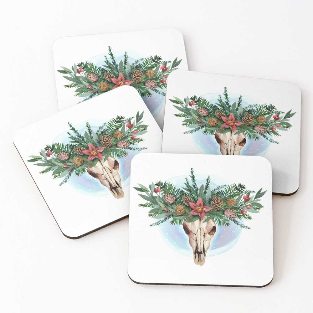 holiday deer skull coasters, art by Sherrie Thai of Shaireproductions.com