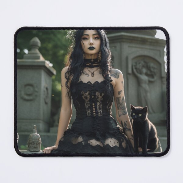 Item preview, Goth chick posing in a cemetery with her magic black cat designed and sold by daywithoutlight.