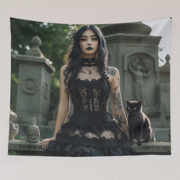 Item preview, Goth chick posing in a cemetery with her magic black cat designed and sold by daywithoutlight.