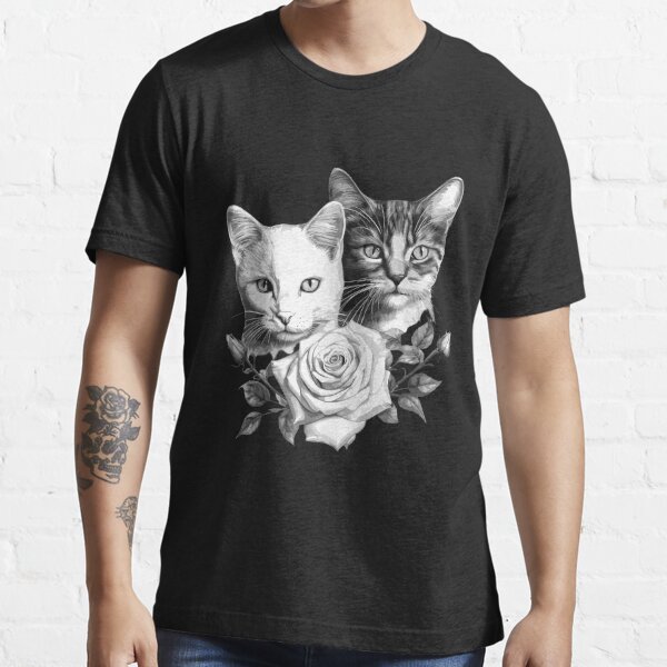 two cute cats with flowers black and white Essential T-Shirt
