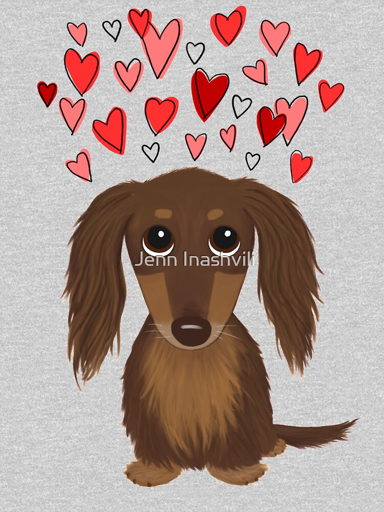 Longhaired Chocolate Dachshund Cartoon Dog with Valentine Hearts by ShortCoffee