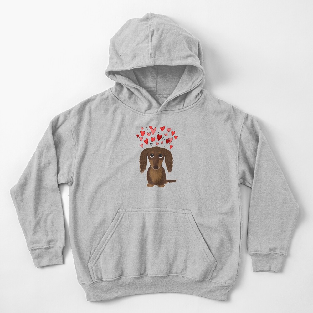 Longhaired Chocolate Dachshund Cartoon Dog with Valentine Hearts Kids Pullover Hoodie