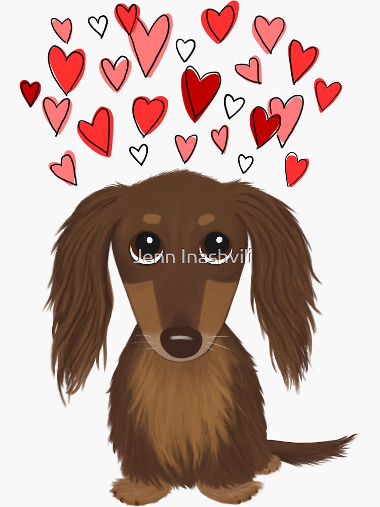 Longhaired Chocolate Dachshund Cartoon Dog with Valentine Hearts by ShortCoffee